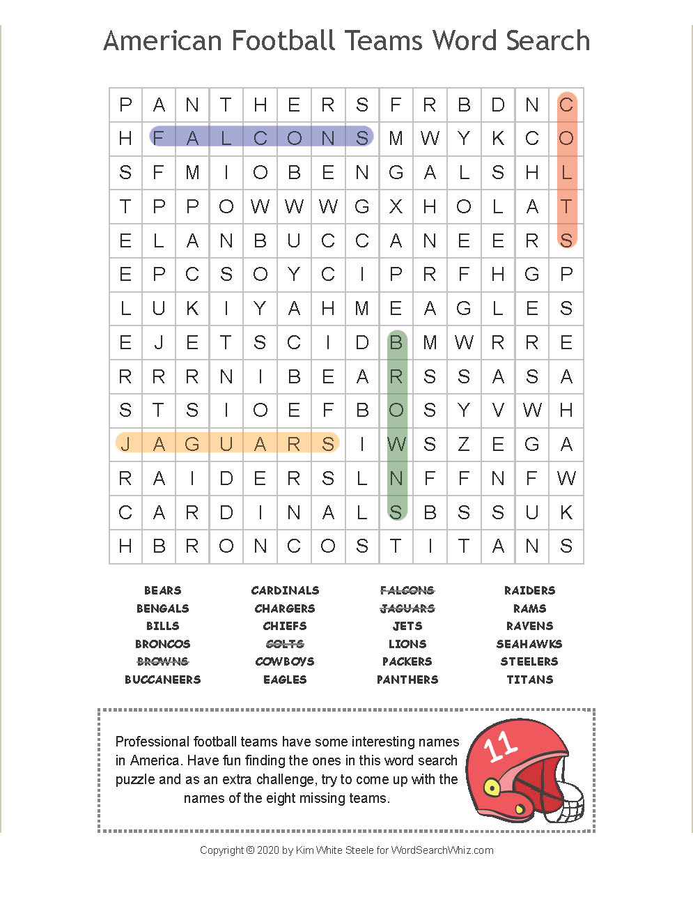 American Football Teams Word Search