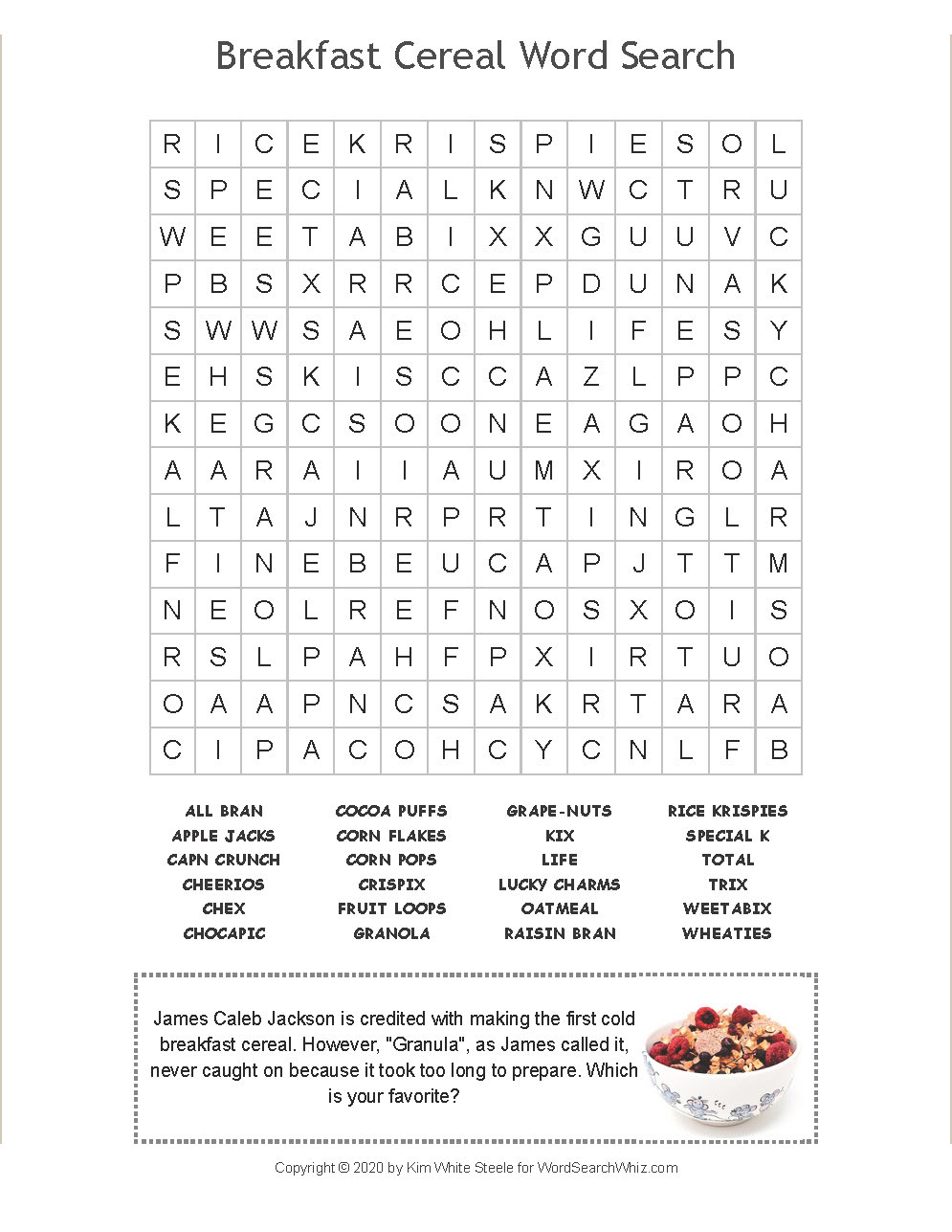 Breakfast Cereal Word Search