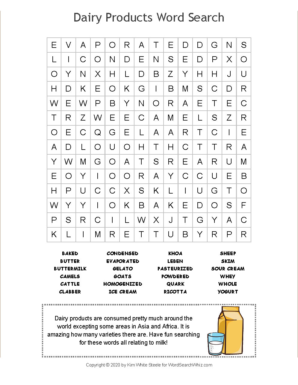 Dairy Products Word Search