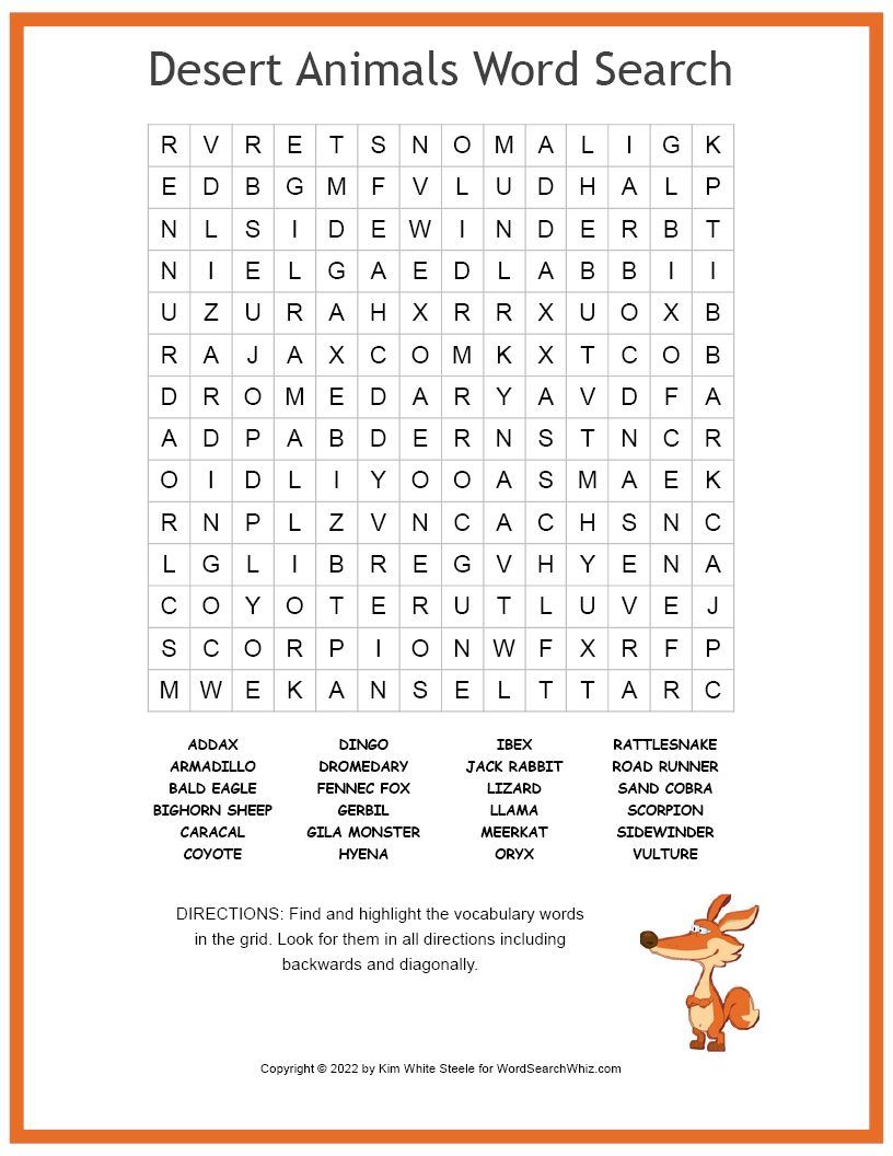 Desert Animals Word Search Printables