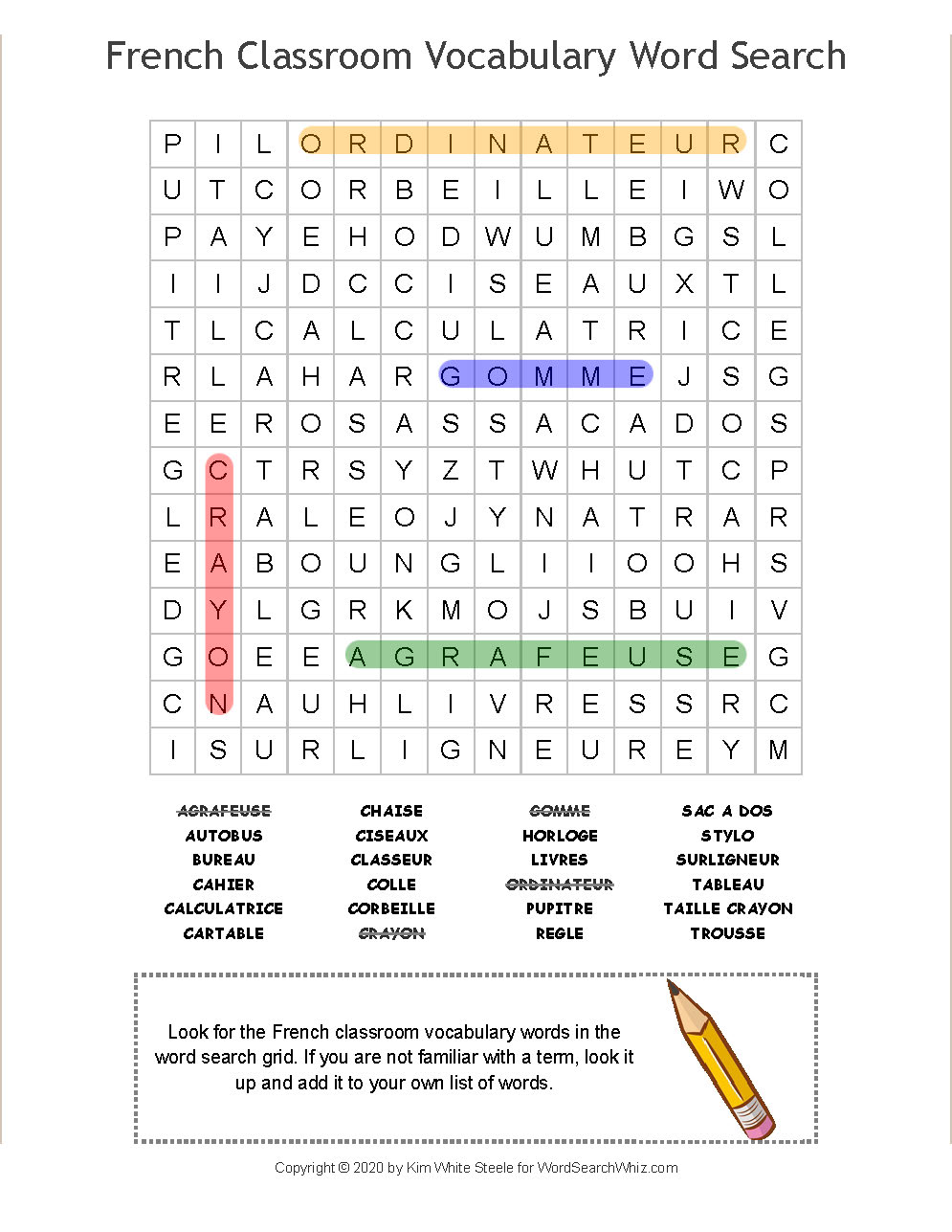 French Classroom Vocabulary Word Search