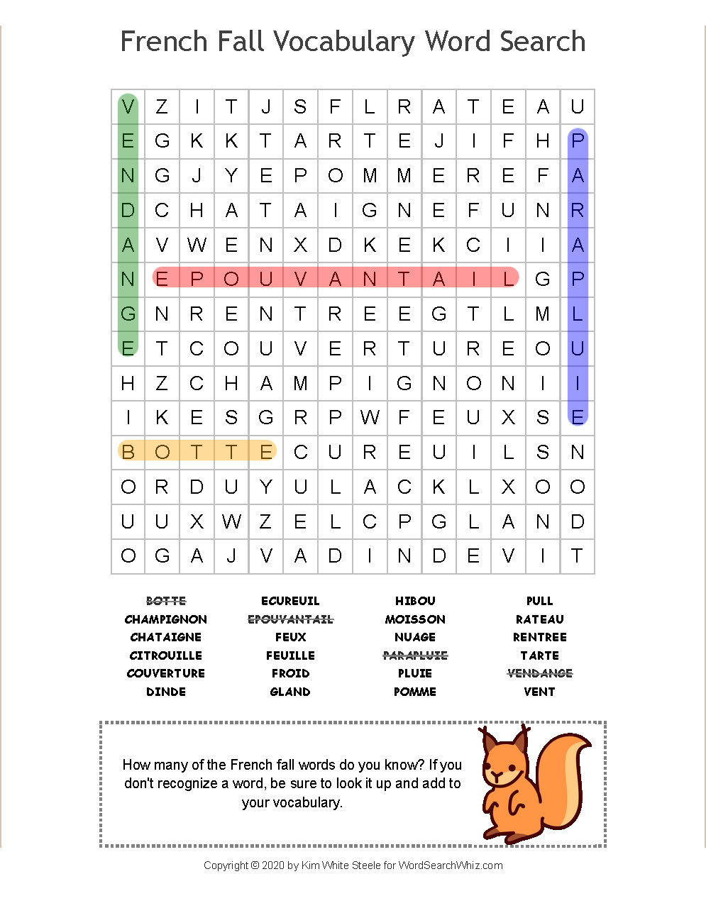 French Fall Vocabulary Word Search