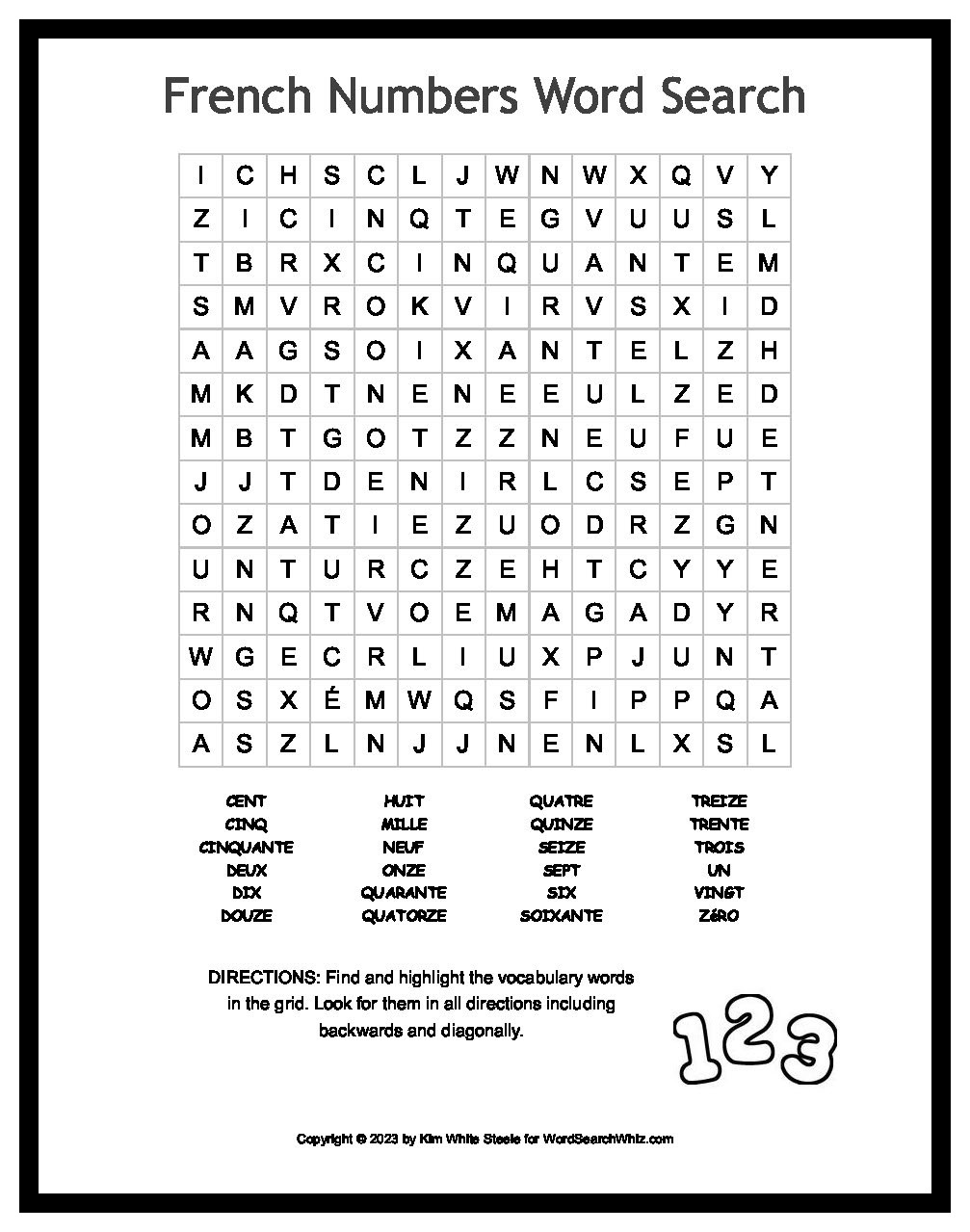 French Numbers Word Search Answer Key