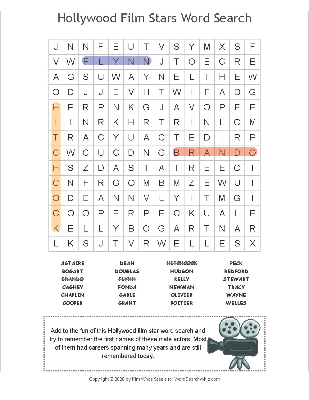 Hollywood Film Stars Word Search